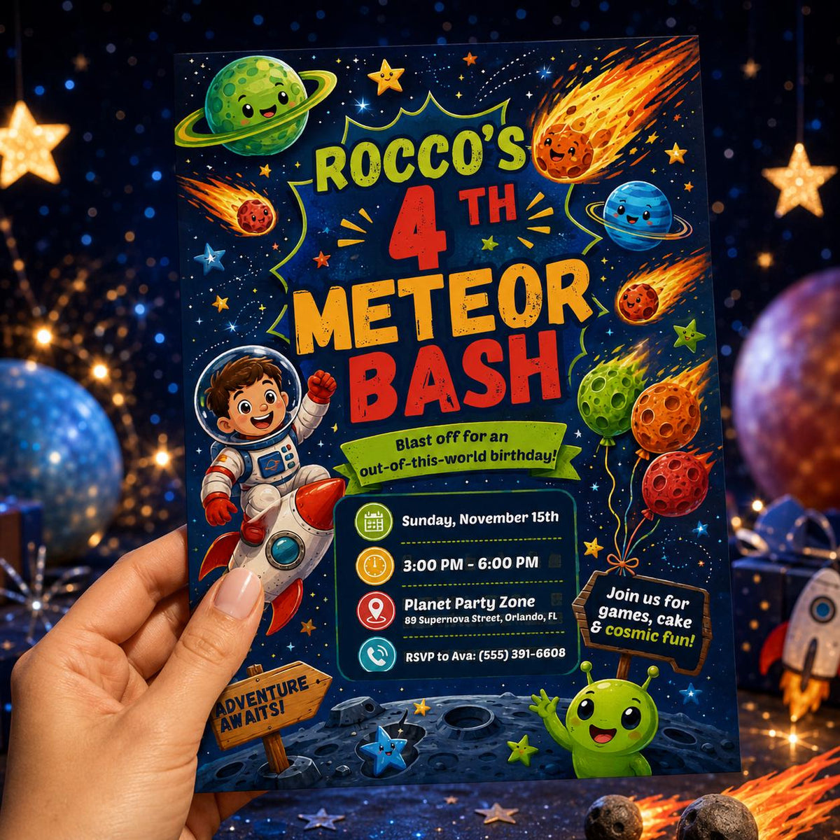 Outer Space 4th Birthday Invitation for Boys — print-ready 4th birthday party design from VoltBy