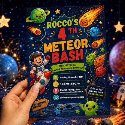 Outer Space 4th Birthday Invitation for Boys — print-ready 4th birthday party design from VoltBy