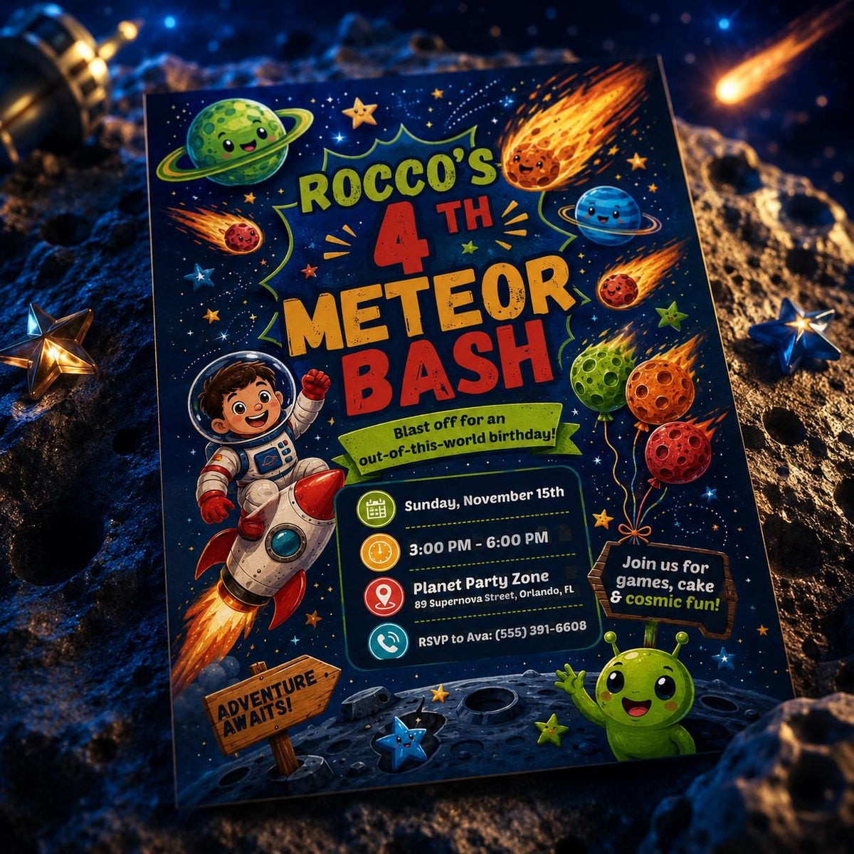 Outer Space 4th Birthday Invitation for Boys — digital invitation, instant download