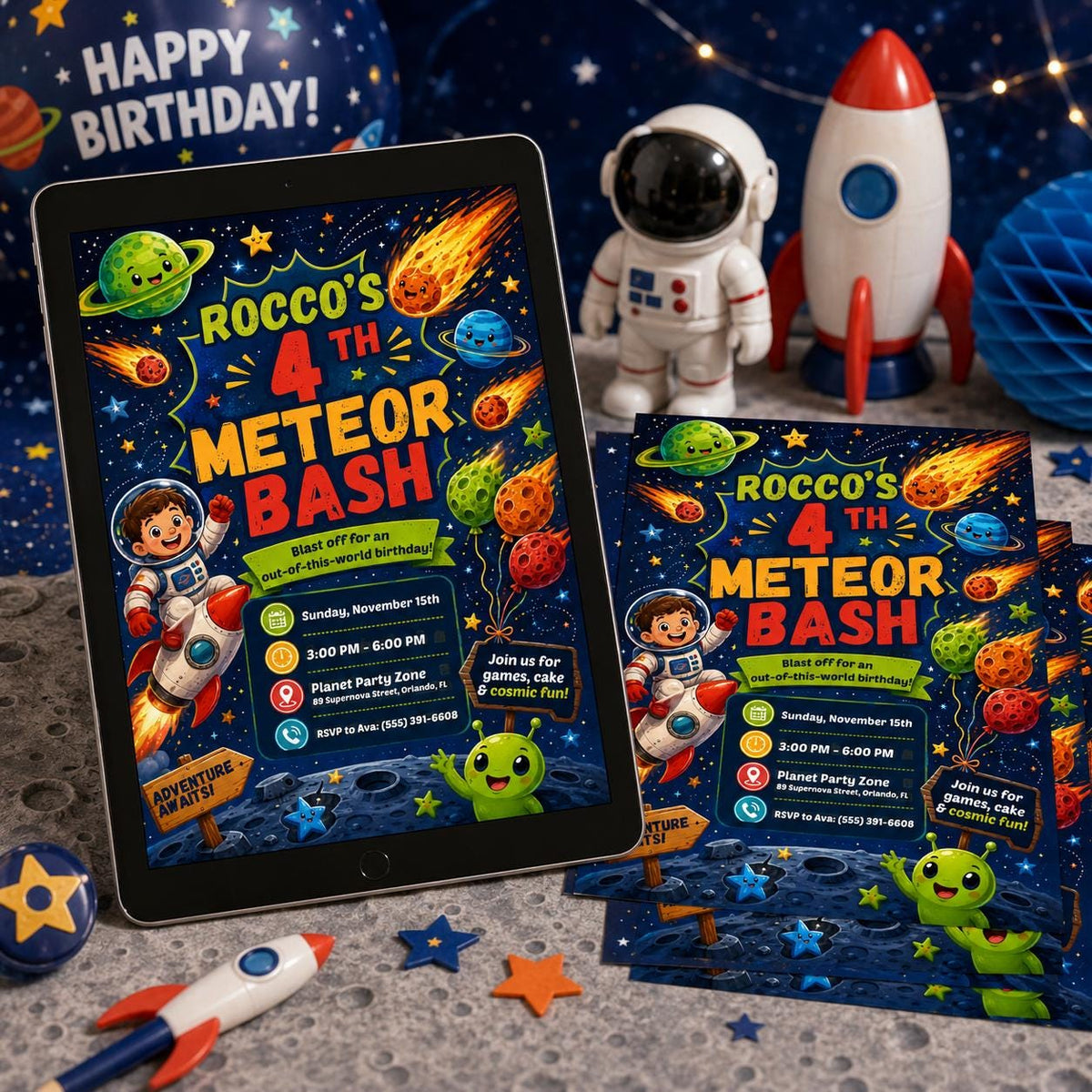 Outer Space 4th Birthday Invitation for Boys — 4th birthday party stationery by VoltBy