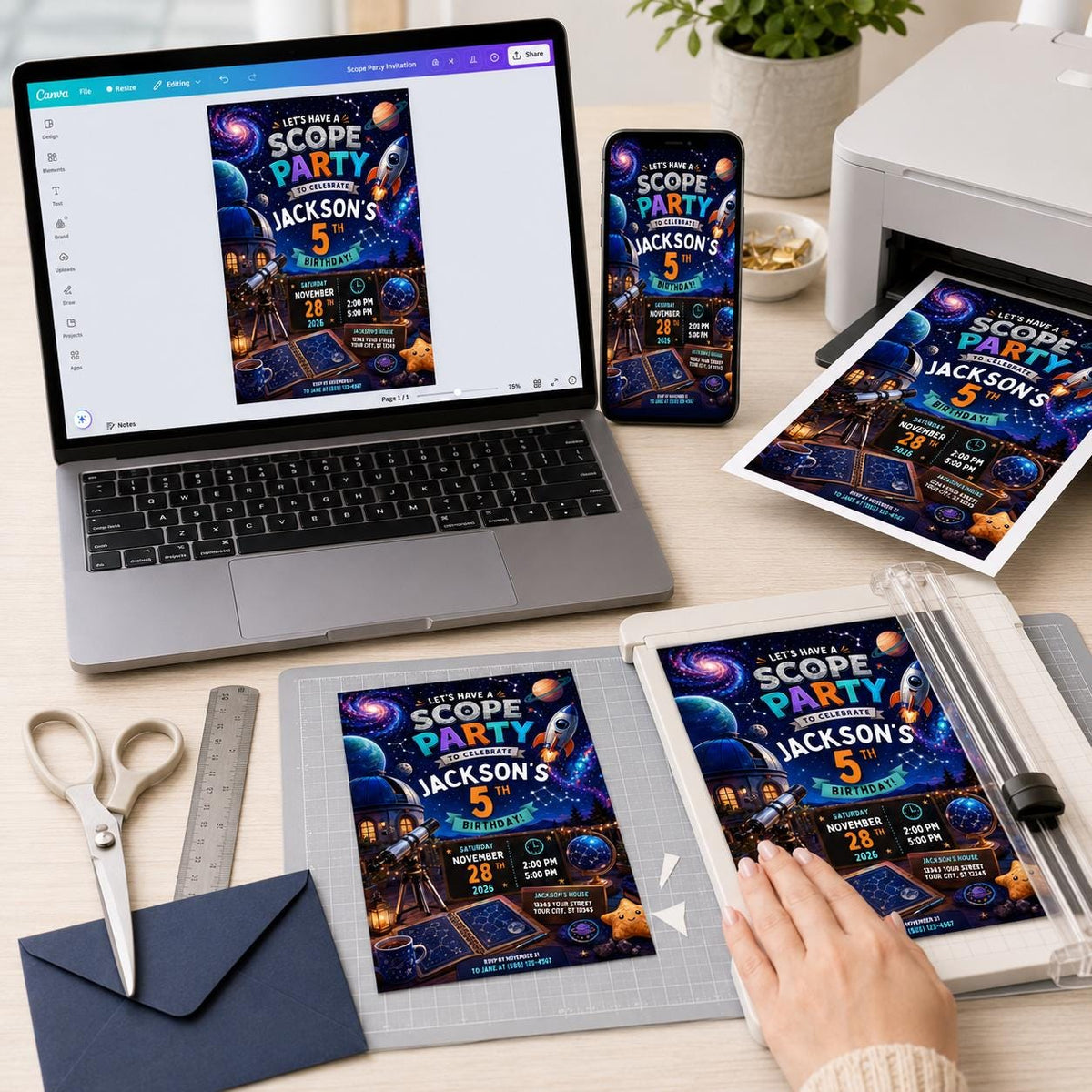 Outer Space 5th Birthday Invitation — invitation you personalize in Canva