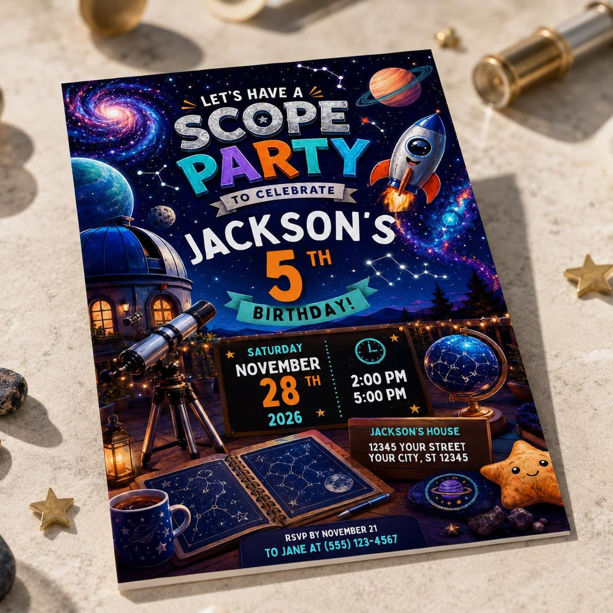 Outer Space 5th Birthday Invitation — print-ready 5th birthday party design from VoltBy