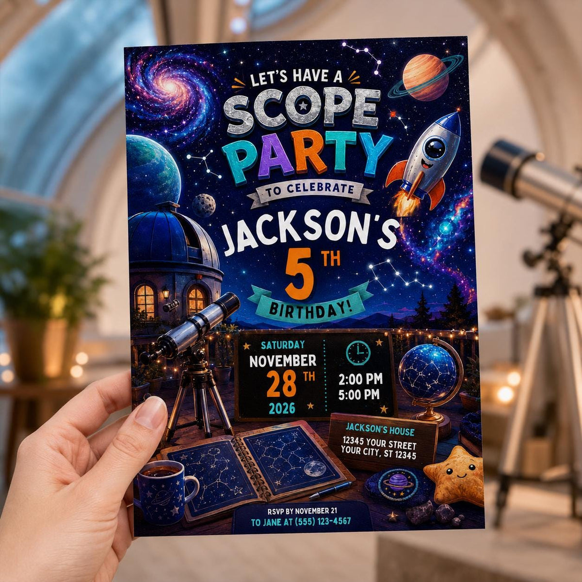 Outer Space 5th Birthday Invitation — 5th birthday party stationery by VoltBy