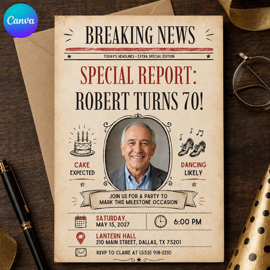 Oval Photo Breaking News 70th Birthday Invitation — editable Canva template