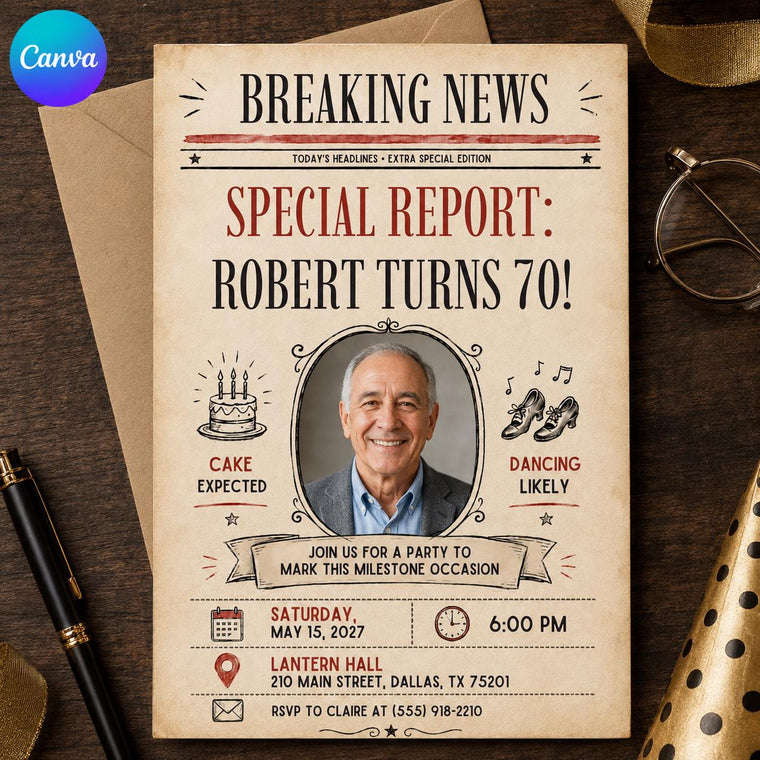 Oval Photo Breaking News 70th Birthday Invitation