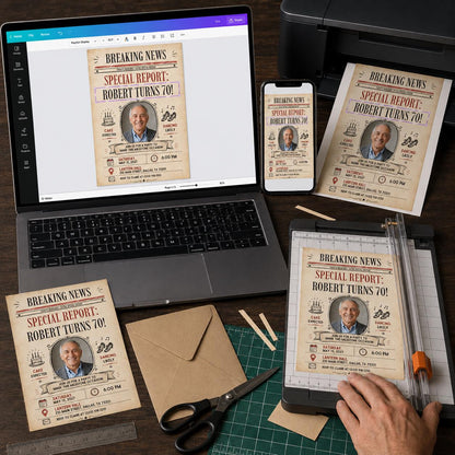 Oval Photo Breaking News 70th Birthday Invitation — invitation you personalize in Canva