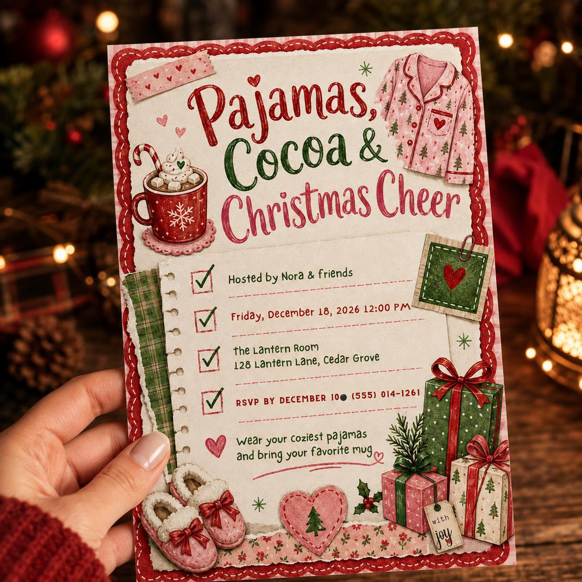 Pajamas Cocoa and Christmas Cheer Party Invitation — print-ready Christmas celebration design from VoltBy