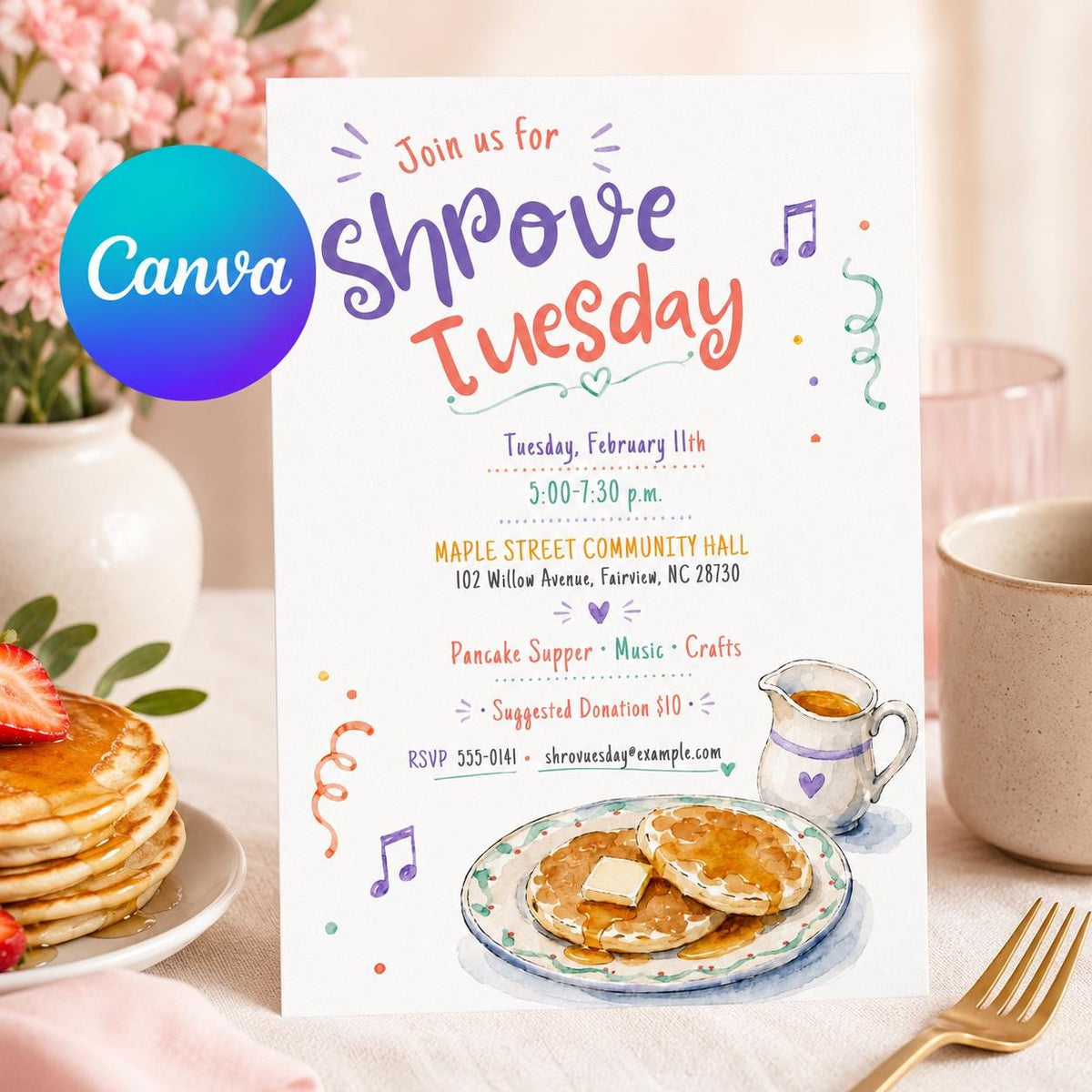 Pancake Shrove Tuesday Invitation — editable Canva template
