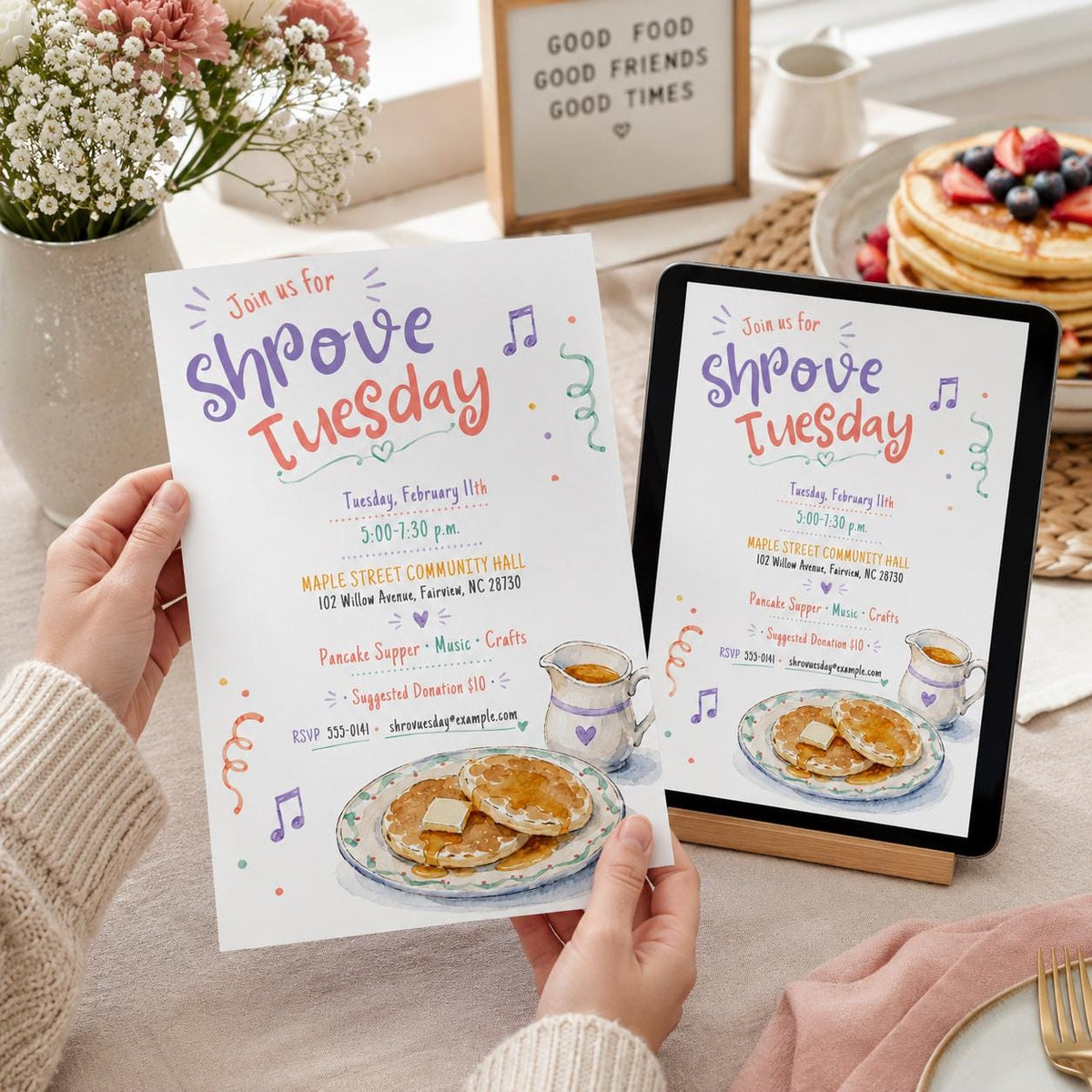 Pancake Shrove Tuesday Invitation — print-ready dinner party design from VoltBy