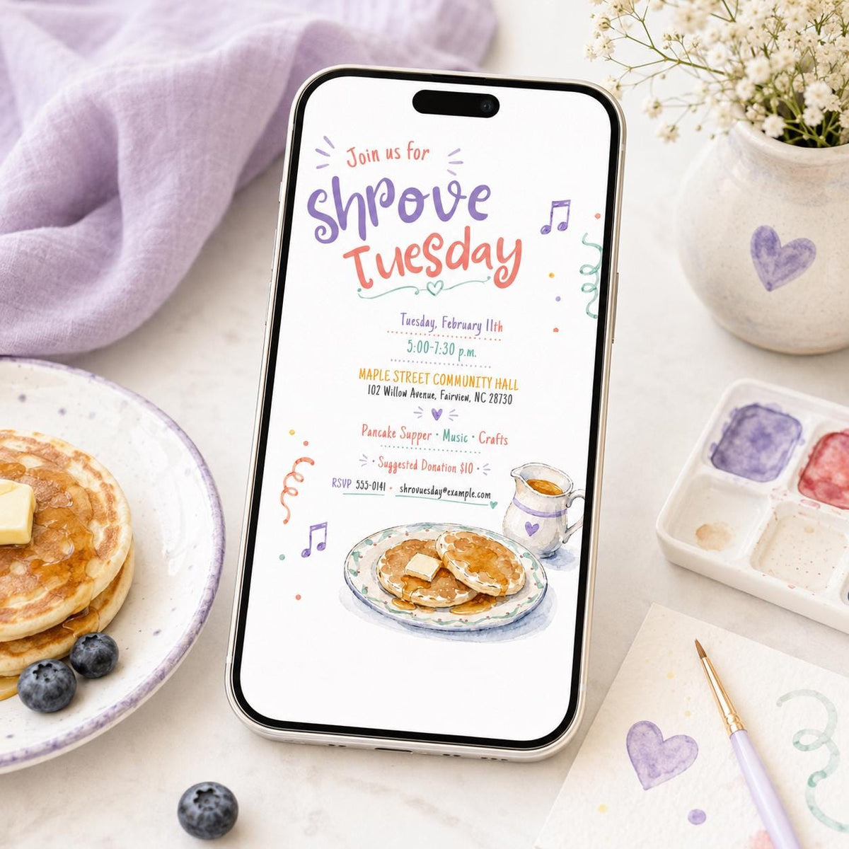 Pancake Shrove Tuesday Invitation — digital invitation, instant download