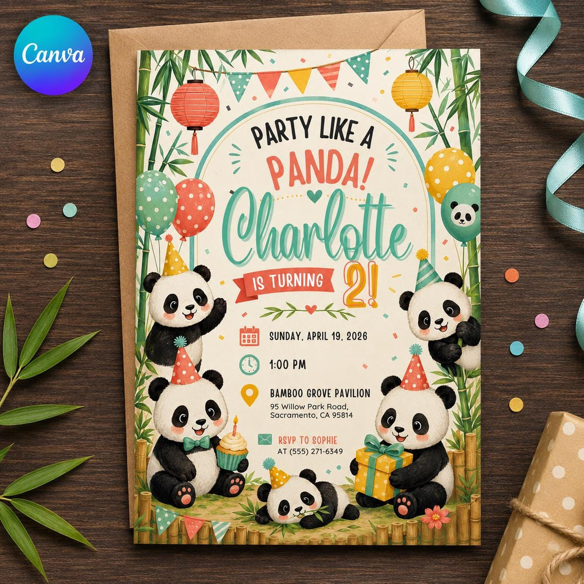 Panda 2nd Birthday Invitation — editable Canva template