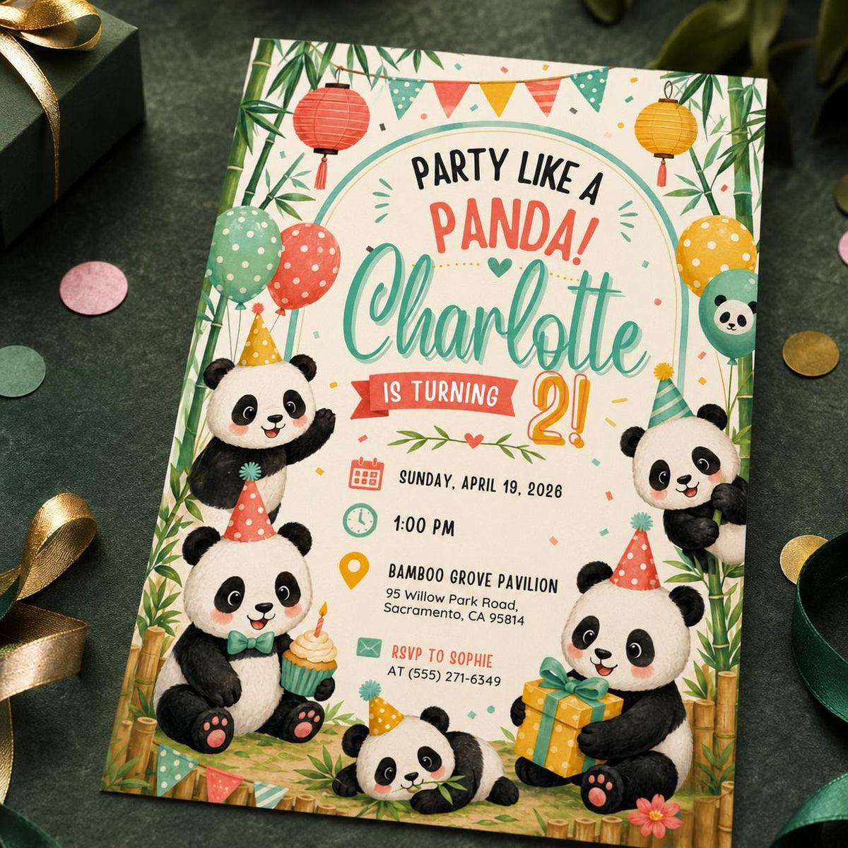 Panda 2nd Birthday Invitation — invitation you personalize in Canva