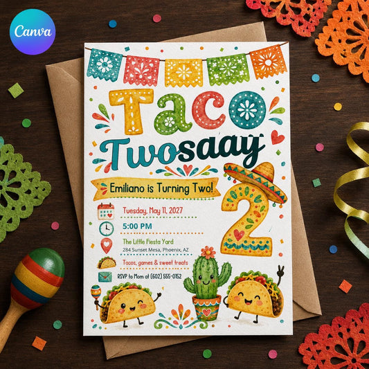 Papel Picado Taco Twosday 2nd Birthday Invitation — editable Canva template