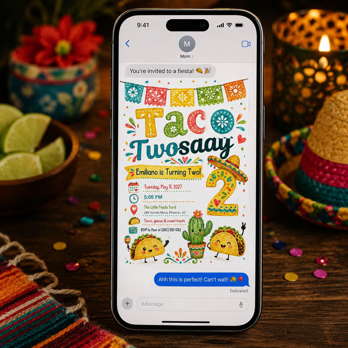 Papel Picado Taco Twosday 2nd Birthday Invitation in green and pink