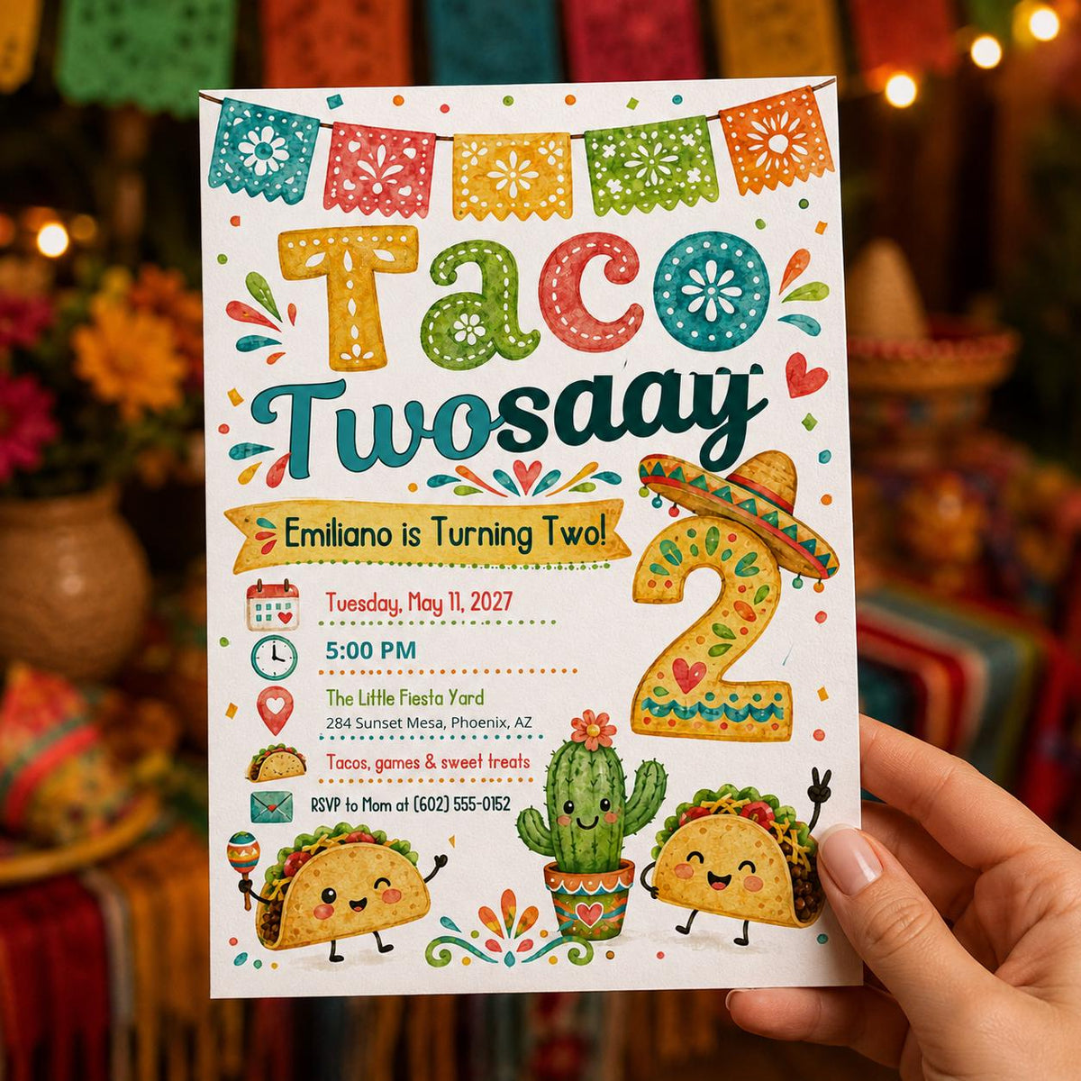 Papel Picado Taco Twosday 2nd Birthday Invitation — fiesta design