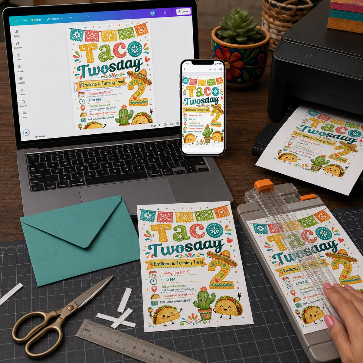 Papel Picado Taco Twosday 2nd Birthday Invitation — invitation you personalize in Canva