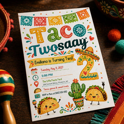 Papel Picado Taco Twosday 2nd Birthday Invitation — fiesta artwork in green and pink