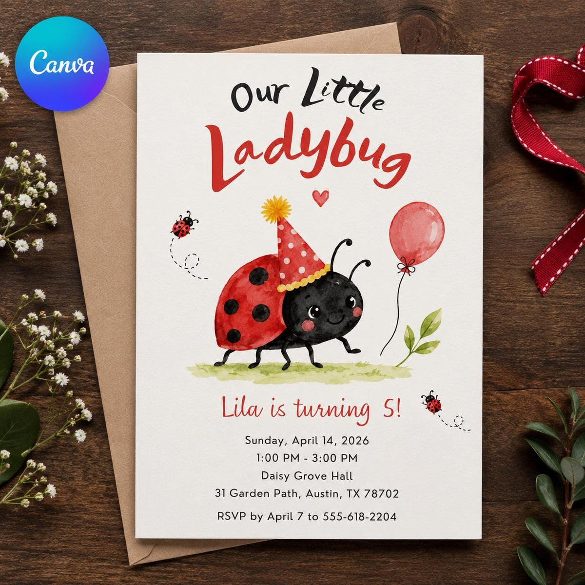 Party Hat Ladybug 5th Birthday Invitation — editable Canva template