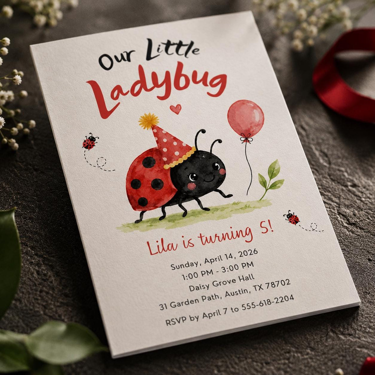 Party Hat Ladybug 5th Birthday Invitation — balloon design