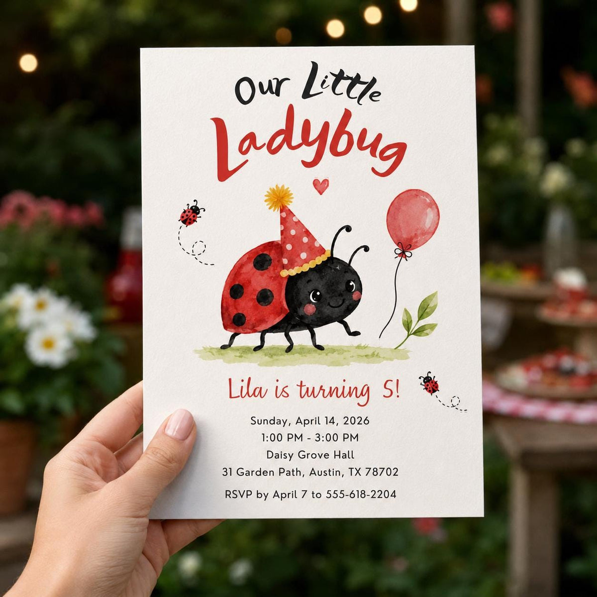 Party Hat Ladybug 5th Birthday Invitation — balloon artwork in black and red