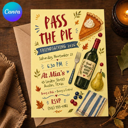 Pass the Pie Friendsgiving Invitation with Wine and Pear — editable Canva template