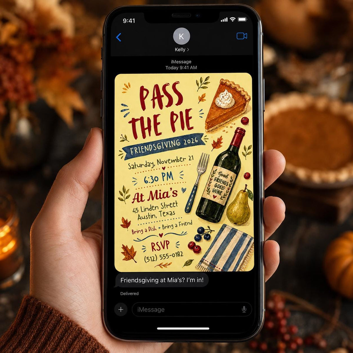 Pass the Pie Friendsgiving Invitation with Wine and Pear in burgundy green