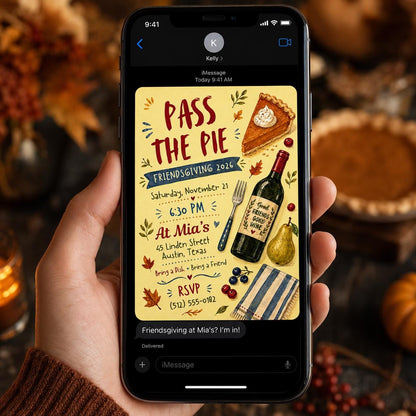 Pass the Pie Friendsgiving Invitation with Wine and Pear in burgundy green