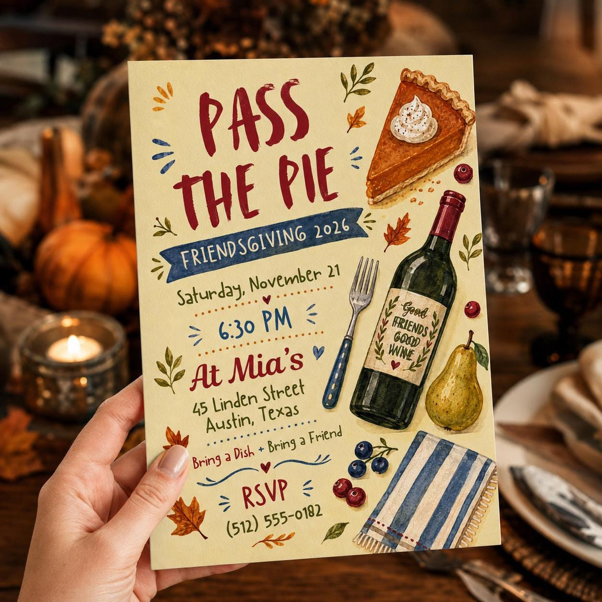 Pass the Pie Friendsgiving Invitation with Wine and Pear — invitation you personalize in Canva