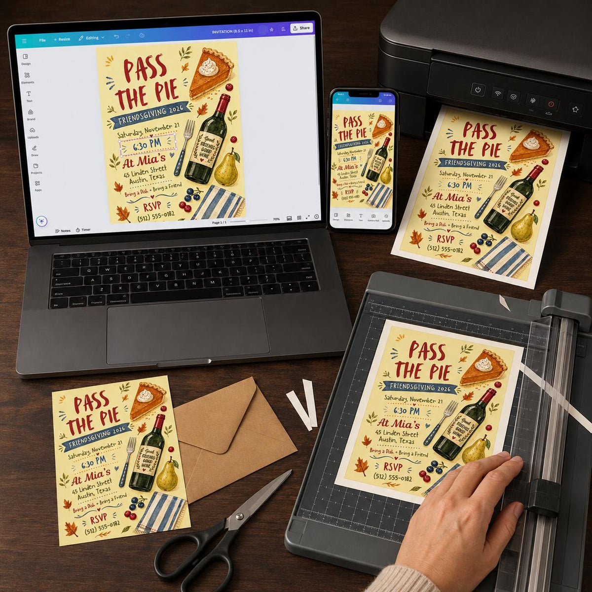 Pass the Pie Friendsgiving Invitation with Wine and Pear — hand drawn Friendsgiving design