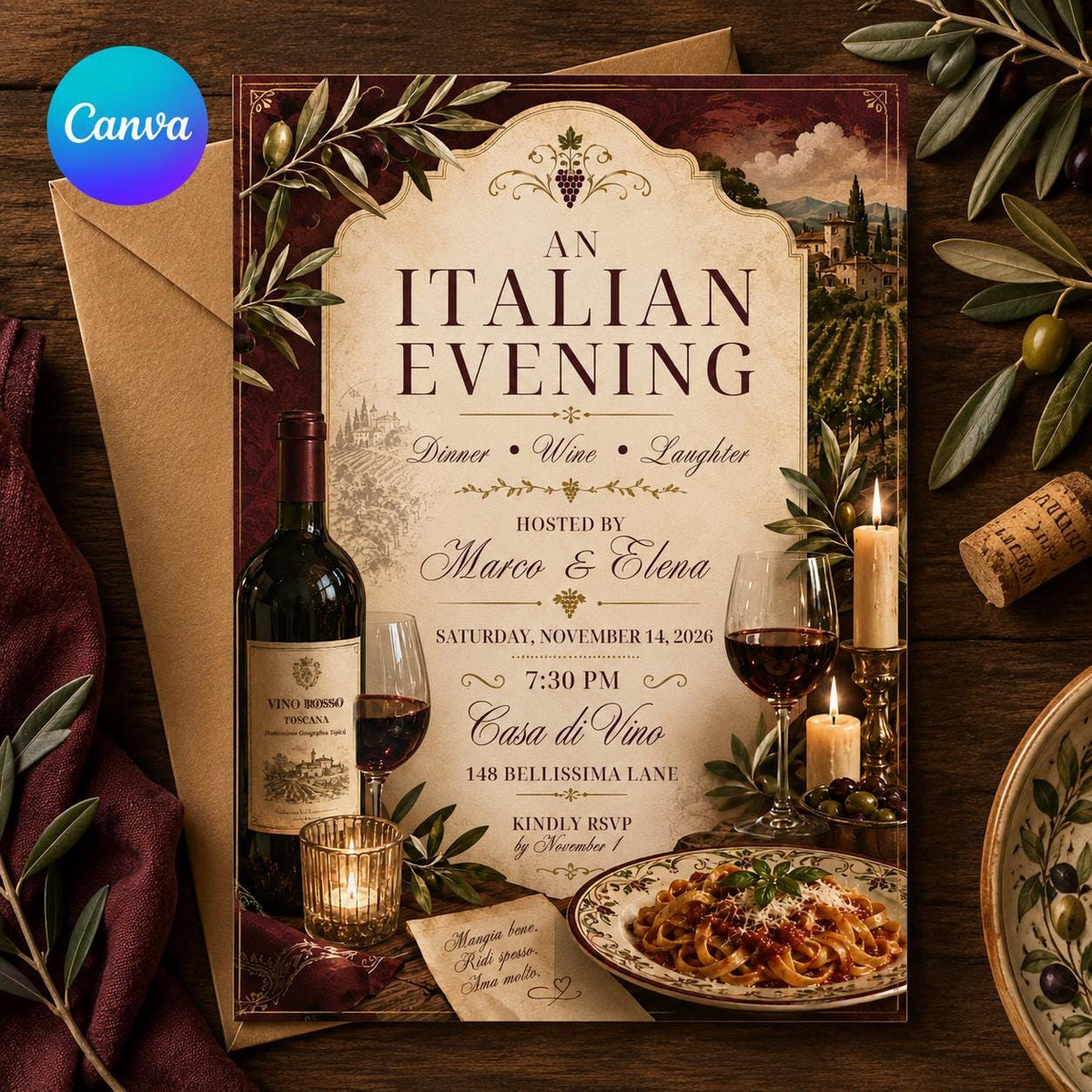 Pasta Italian Dinner Party Invitation — editable Canva template