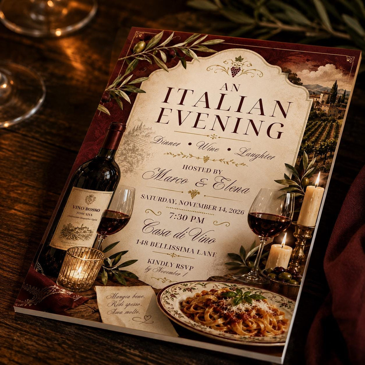 Pasta Italian Dinner Party Invitation — wine design
