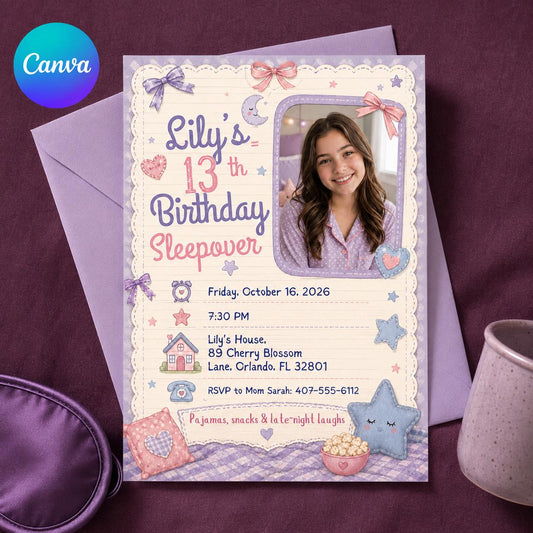 Pastel 13th Birthday Sleepover Invitation for Girls — editable Canva template