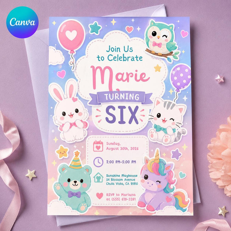 Pastel 6th Birthday Animal Invitation for Girls