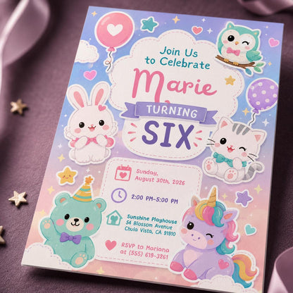Pastel 6th Birthday Animal Invitation for Girls — bunny and owl design