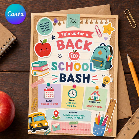 Pastel Back to School Bash Invitation — editable Canva template