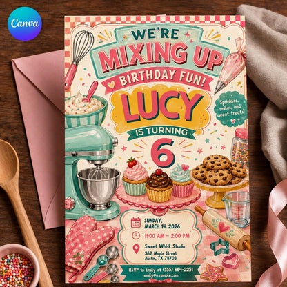 Pastel Baking 6th Birthday Invitation — editable Canva template