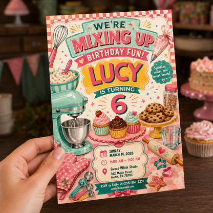 Pastel Baking 6th Birthday Invitation — print-ready 6th birthday party design from VoltBy