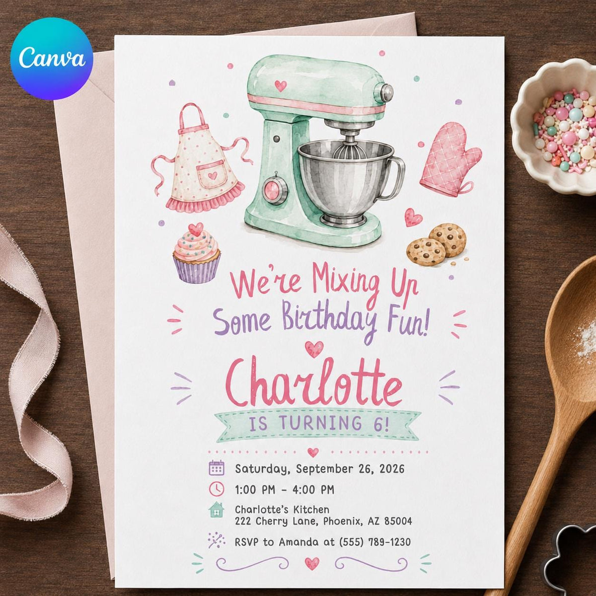 Pastel Baking 6th Birthday Invitation for Girl — editable Canva template