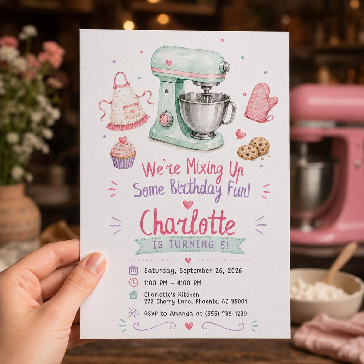 Pastel Baking 6th Birthday Invitation for Girl — print-ready 6th birthday party design from VoltBy