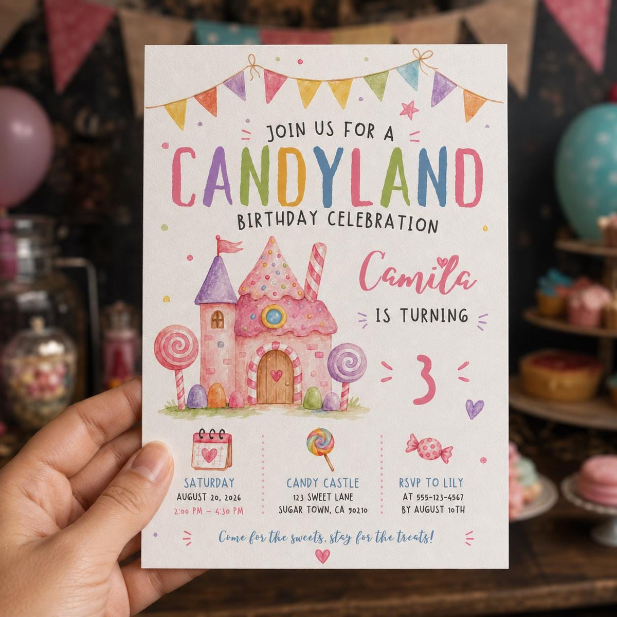 Pastel Candy Castle 3rd Birthday Invitation — print-ready 3rd birthday party design from VoltBy