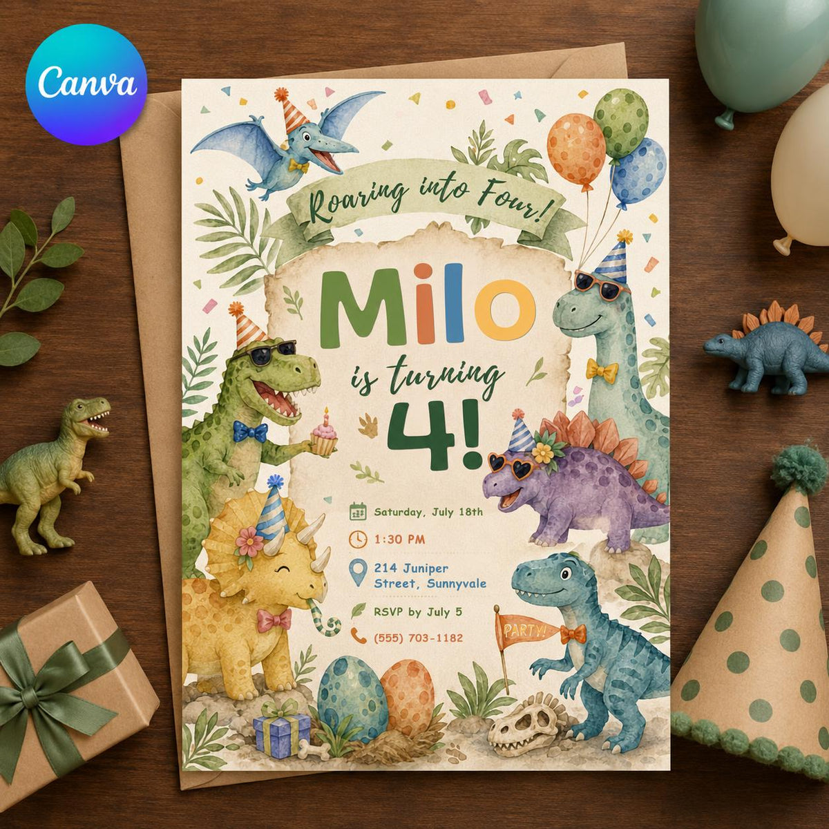 Pastel Dinosaur 4th Birthday Invitation — editable Canva template
