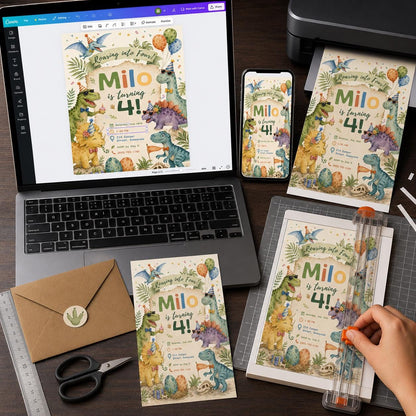 Pastel Dinosaur 4th Birthday Invitation — invitation you personalize in Canva
