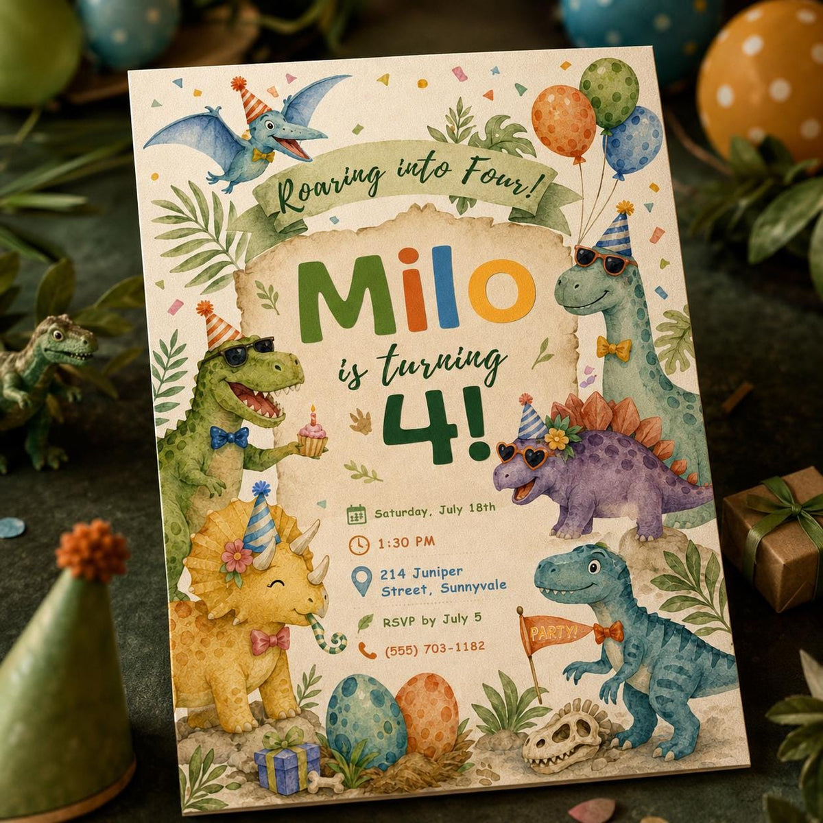 Pastel Dinosaur 4th Birthday Invitation — print-ready 4th birthday party design from VoltBy