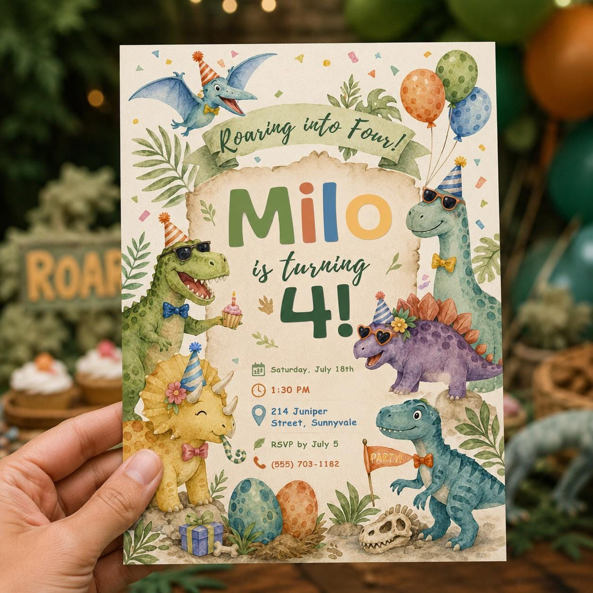 Pastel Dinosaur 4th Birthday Invitation — 4th birthday party stationery by VoltBy