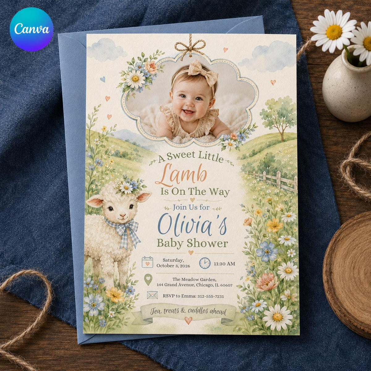 Pastel Floral Little Lamb Baby Shower Invitation for Girls — editable Canva template