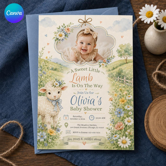 Pastel Floral Little Lamb Baby Shower Invitation for Girls — editable Canva template