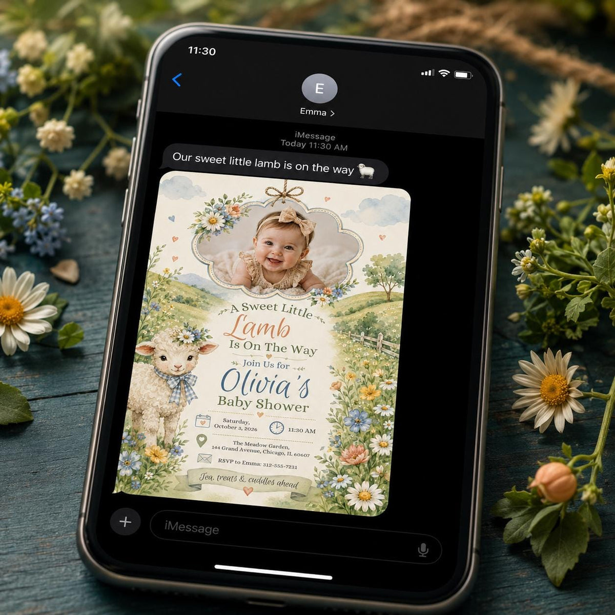 Pastel Floral Little Lamb Baby Shower Invitation for Girls — invitation you personalize in Canva