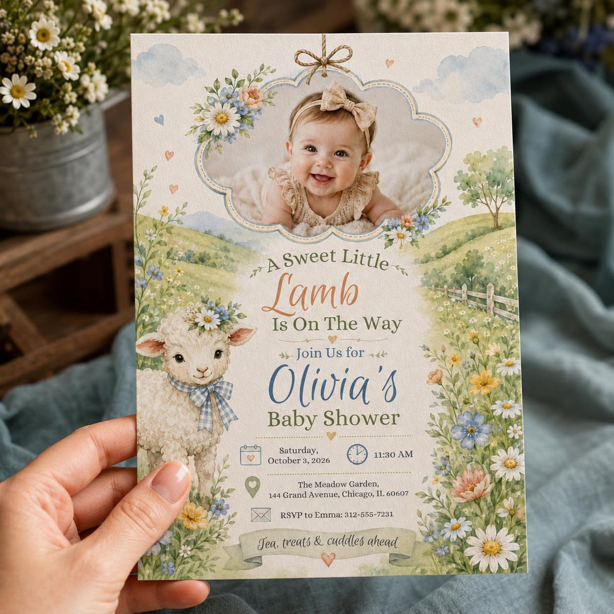 Pastel Floral Little Lamb Baby Shower Invitation for Girls — print-ready baby shower design from VoltBy