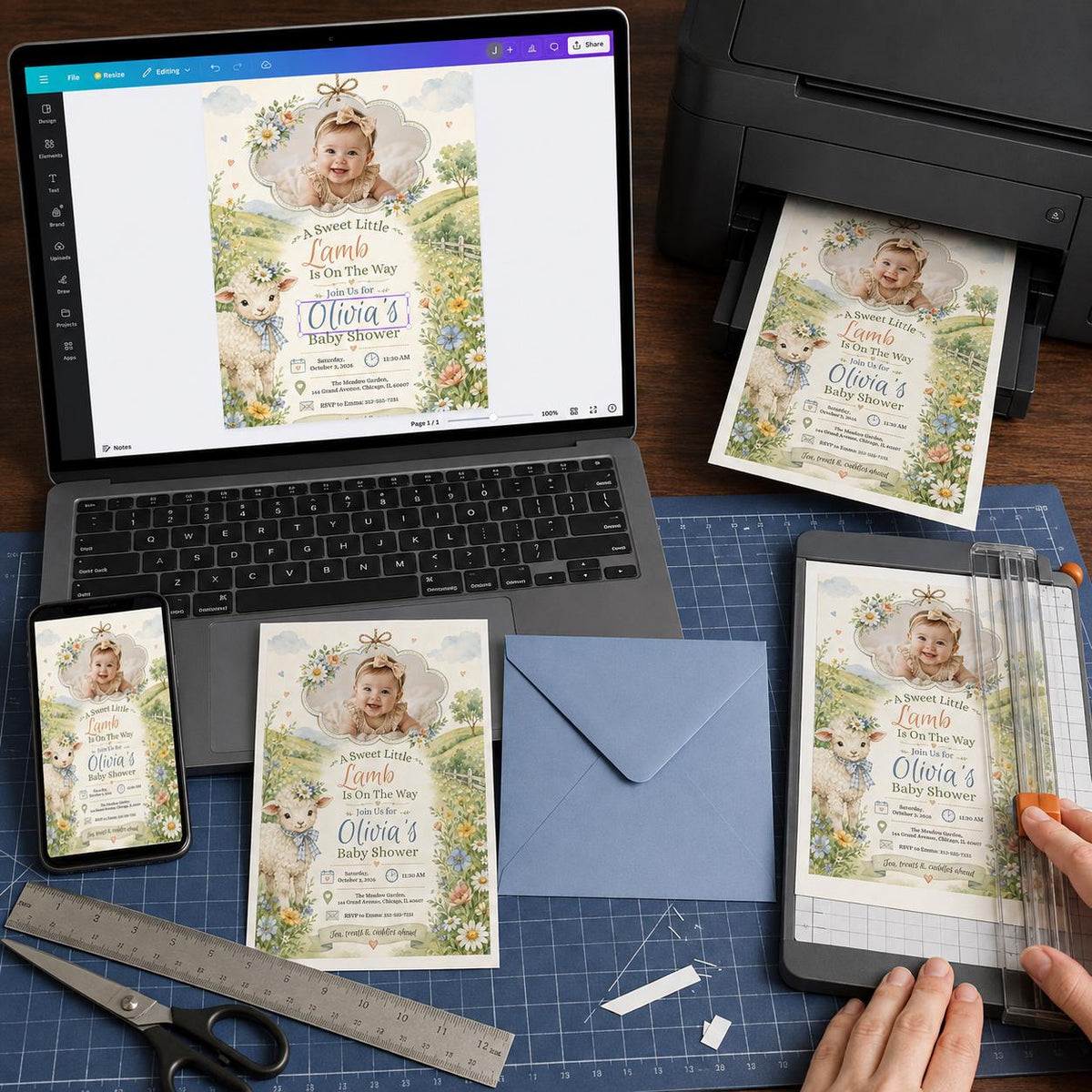 Pastel Floral Little Lamb Baby Shower Invitation for Girls — digital invitation, instant download