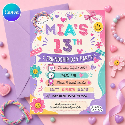 Pastel Friendship Day Party Invitation for Girls — editable Canva template